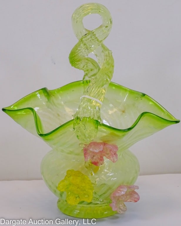 HARRACH BOHEMIAN VASELINE URANIAM GLASS BASKET (1 of 5)