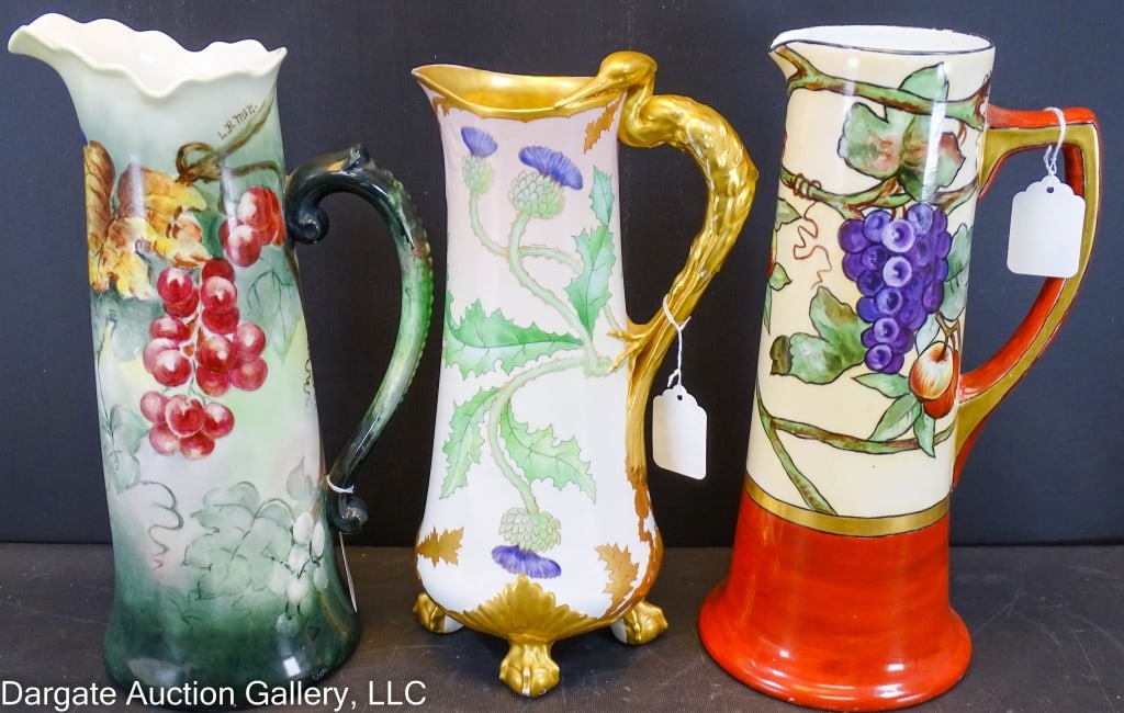 3 EUROPEAN PORCELAIN PITCHERS INCLUDING LIMGOES: -- Jean Pouyat Limoges Porcelain Pitcher - grape, wine and leaf design / signed L.B./MSN on bottom - 15"H-- Vienna Austria porcelain pitcher - grape and cherry handpainted design - 14"H -- Ginori Ital