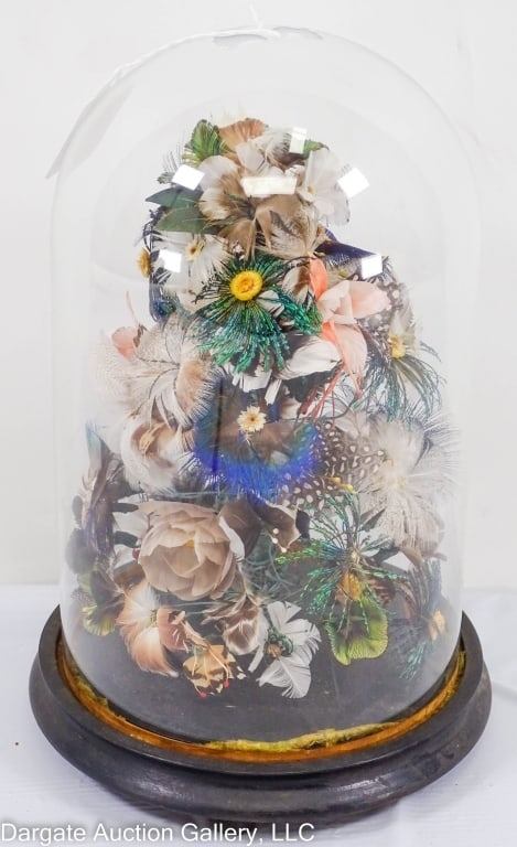 VICTORIAN FEATHER FLOWER ARRANGEMENT IN GLASS DOME (1 of 2)