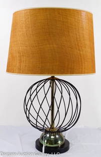 MCM ARTURO PANI STYLE WIRE BALL TABLE LAMP: Mid Century Modern / twisted wire sphere or ball shape resting on a brass half sphere / not signed / Measures: 30"H to finial x 13" diameter