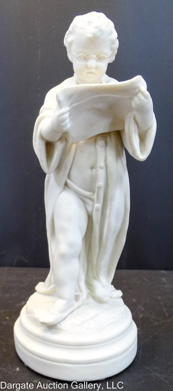 19th C POLITICIAN PARIAN WARE FIGURE: 19th Century Parian Ware Figure of a Man in underwear and robe with glasses, reading a scroll. "Politician" impressed on base