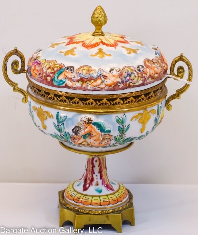ANTIQUE CAPODIMONTE COVERED BOWL IN FRENCH BRONZE (1 of 5)