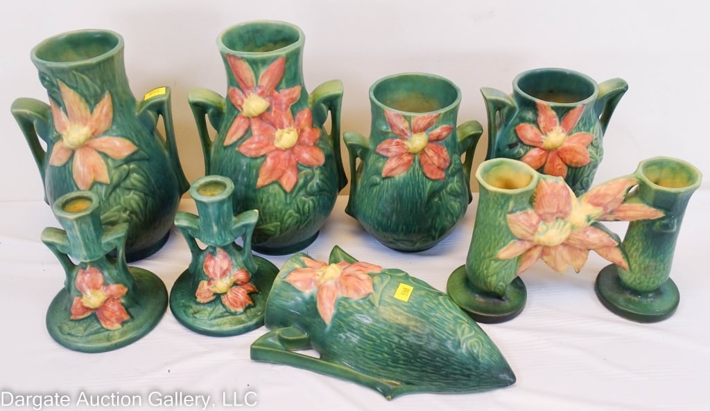 8pc ROSEVILLE POTTERY GREEN CLEMANTIS (1 of 8)