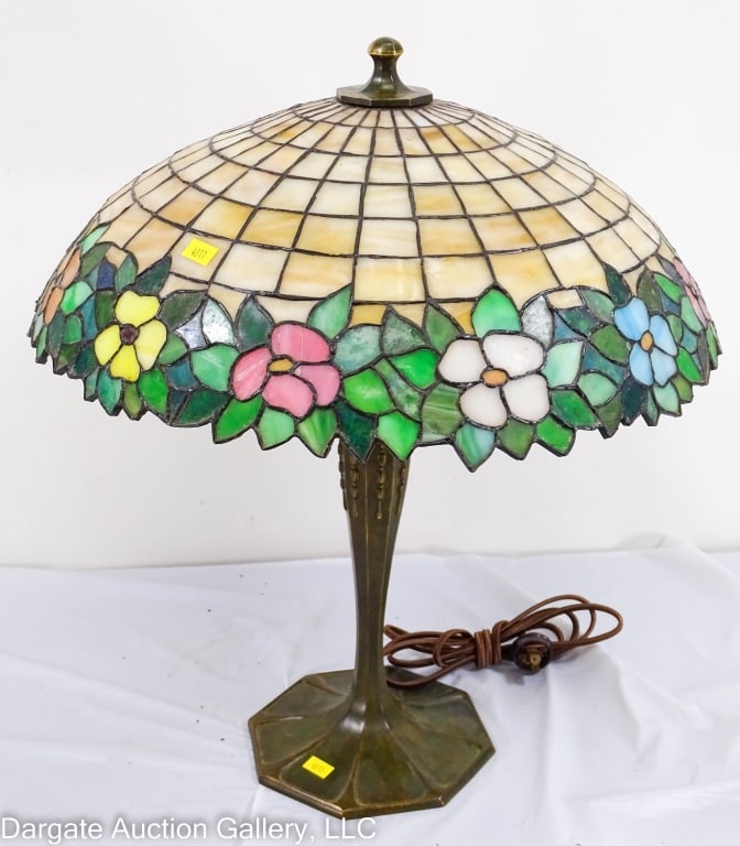 LEADED GLASS BRONZE CANDLESTICK LAMP (1 of 9)