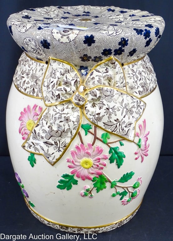 MINTON PORCELAIN TRANSFERWARE GARDEN SEAT: Circa 1800's / Japonism transferware floral design with gilt highlights / date and maker marks on base / Measures: 18"H x 12" diam at widest 12.5" diam top