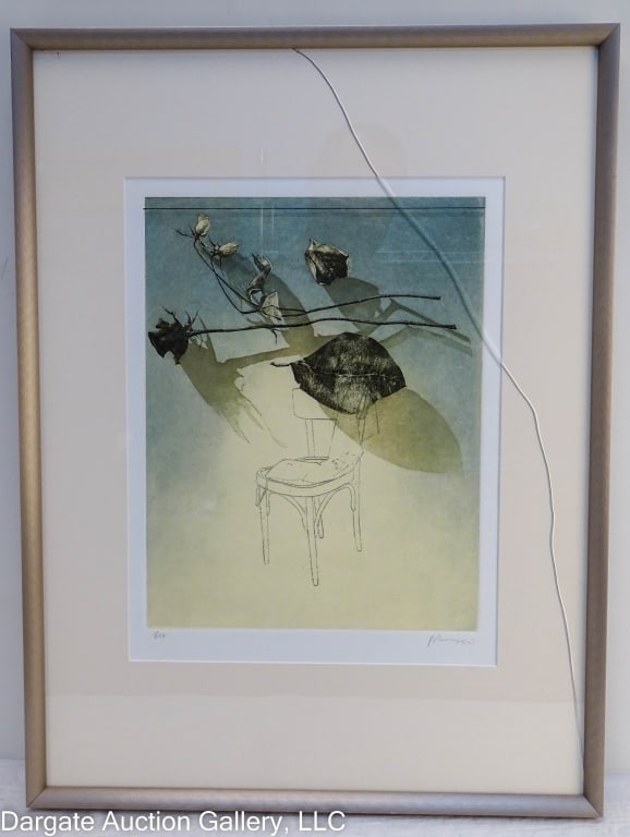 MICHAEL MAZOR ROSE AND CHAIR SKETCH LITHOGRAPH: Michael Mazur (American, 1935-2009) Rose and Chair Sketch LIthograph - Sketch of a chair, with a dried rose overlaying it. Pencil signed lower right, numbered lower left "P of A". Set under glass in s