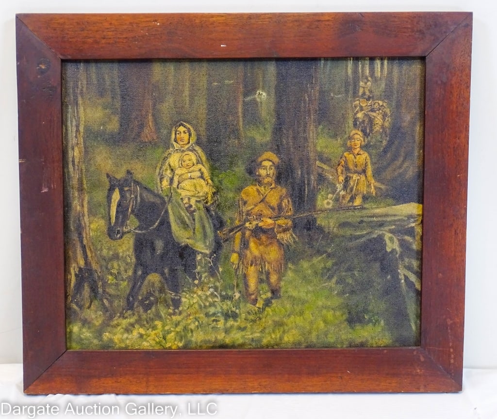 LATE 19th C FOLK ART OIL PAINTING TRAVELING FAMILY (1 of 4)