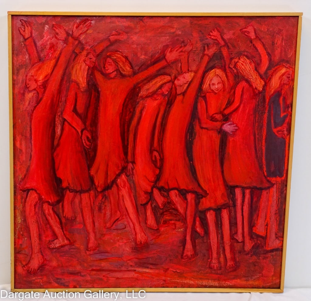 OIL ON CANVASA WOMEN DANCING IN RED: Several women dancing in shades of red / set in wood frame / Visible Art Size: 22"H x 22.5"W / Frame Size: 22"H x 22.5"W