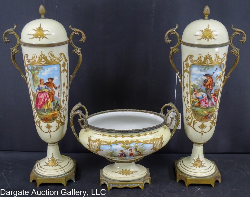 3pc FRENCH PORCELAIN & BRONZE GARNITURE SET (1 of 13)