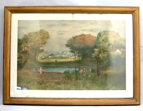 GEORGE INNESS POSTER. 19th c. Photomech: GEORGE INNESS POSTER. 19th c. Photomechanical poster. ''Landscape Near Mountain.'' Size framed: 25'' h., 35'' w. Condition: dirty, buckled.