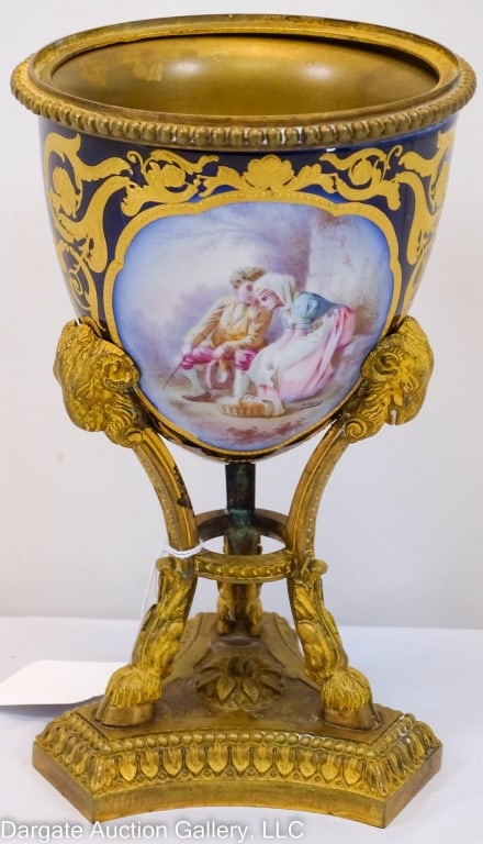 SEVRES STYLE PORCELAIN EGG DORE BRONZE BASE: Cobalt ground with painted scenes in Sevres style, no marks - dore bronze base / Measures: 8.5"H