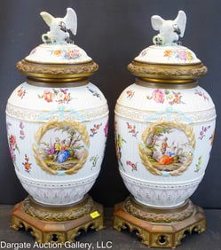 PAIR CONTINENTAL BRONZE MOUNTED PORCELAIN URN
