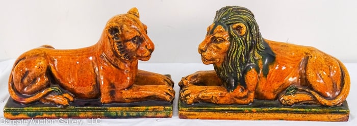 PAIR GLAZED ITALIAN POTTERY LION BOOKENDS