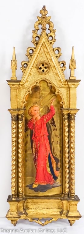 GOTHIC 19th C OIL ON BRASS ARCHANGEL GABRIEL: Italain Gothic Art Piece of Gabriel painted in oils on brass panel inside a cathedral style frame. Gabriel is depicted on a bright gold field, sounding his horn/trumpet with his wings hanging down beh