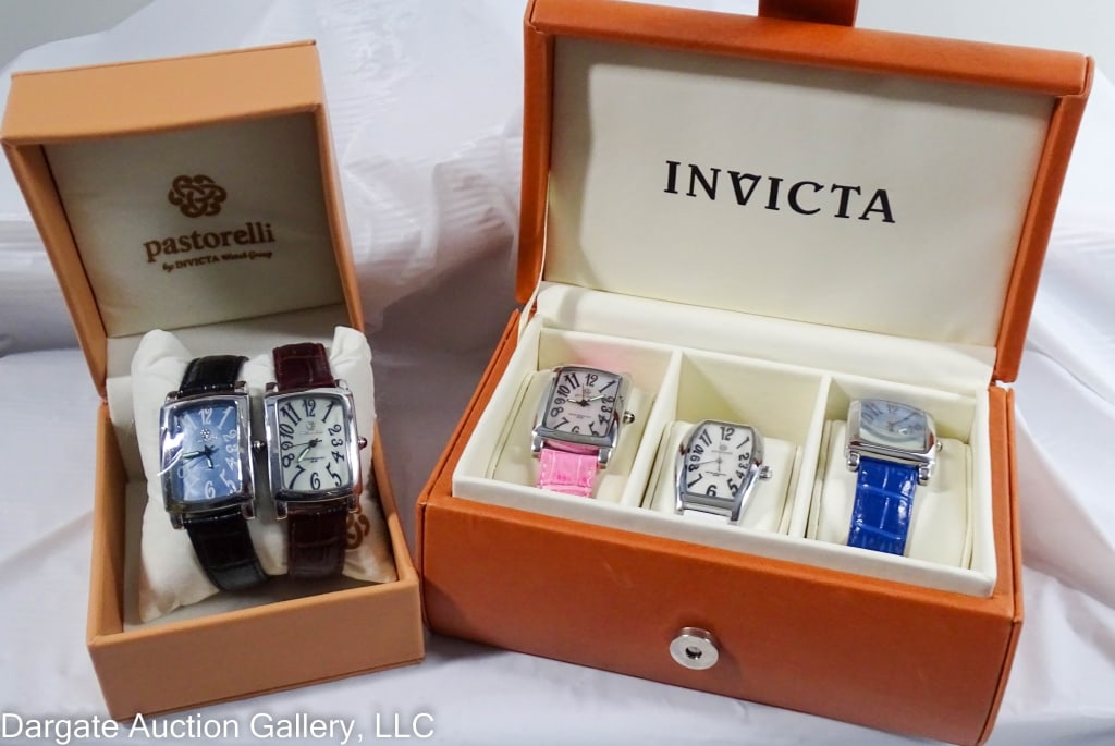 5 INVICTA PASTORELLI WATCHS: Includes: (4) Tank Style with mother of pearl dials and leather bands (pink/pink, blue/blue, gray/black, white/brown) // (1) Rounded dial white/white // All have Stainless Steel backs, 30m water resis