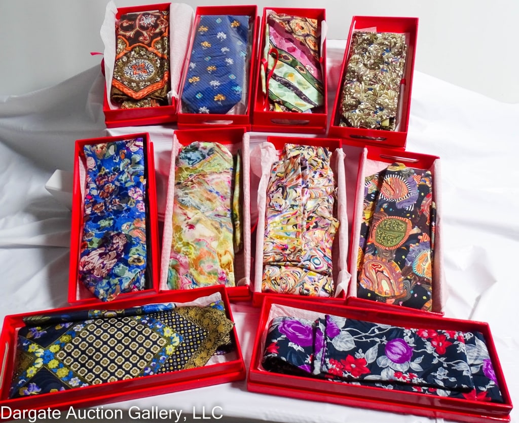 10 ASST VTG BRIONI SILK TIES IN ORIGINAL BOXES: Various designs and colors, (9) include a matching pocket square