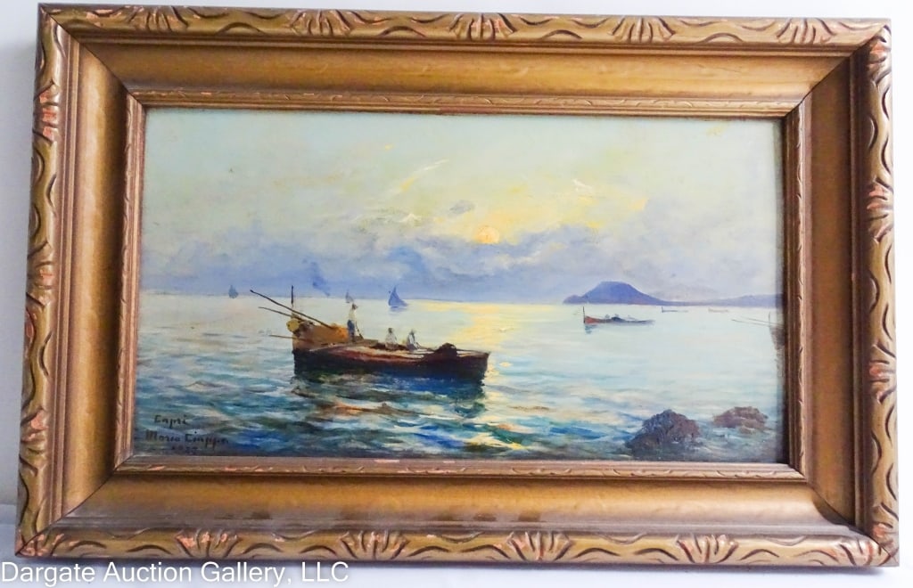 MARIO CIAPPA OIL ON BOARD SEASCAPE: Mario Ciappa (Italian, 19/20th Century) Oil on board depicting fishing boats off the coast of Capri signed lower left [MARIO CAIPPA] / set in gilt wood frame / Visible Art Size: 8"H x 14"W / Frame Siz