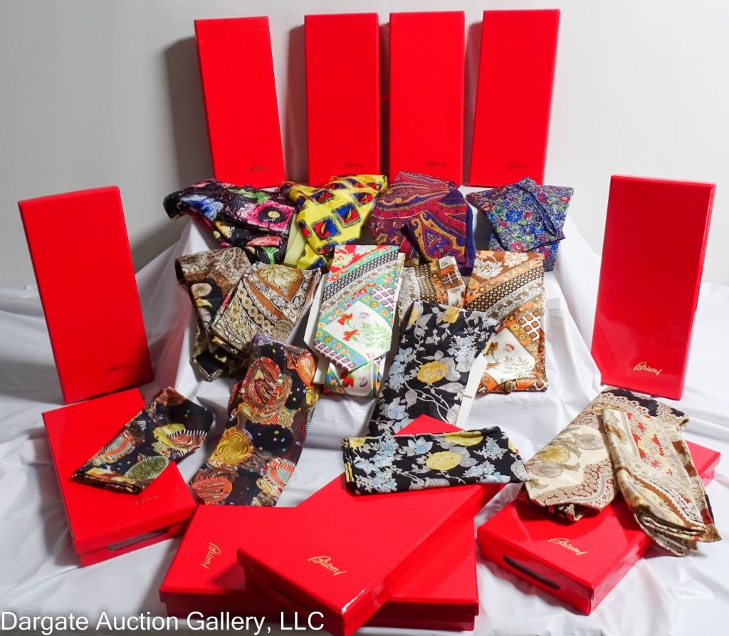 10 ASST VTG BRIONI SILK TIE & POCKET SQUARE SETS: Various designs and colors; all include original box