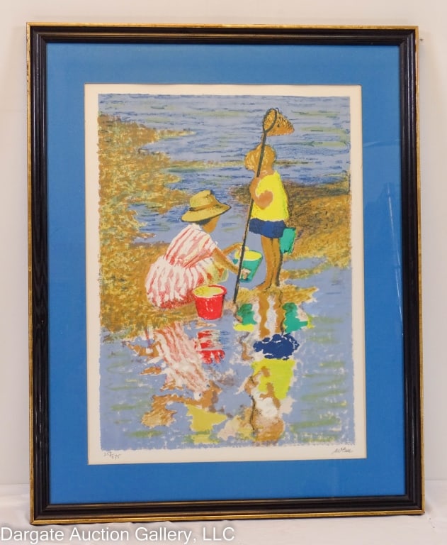 CHARLES MCCALL COLORED LITHOGRAPH SHORE SCENE: Charles McCall (Scottish, 1907-1989) Colored lithograph depicting A boy and a girl playing on the shore / Signed in print as well as pencil lower right, numbered lower left 257/275 / COA and artist bi