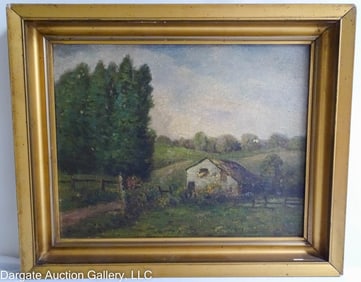 L LEWIS OIL ON BOARD FOLK ART LANDSCAPE