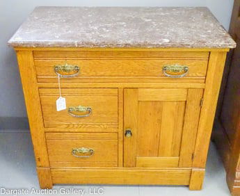 VICTORIAN EASTLAKE BROWN MARBLE TOP OAK WASHSTAND