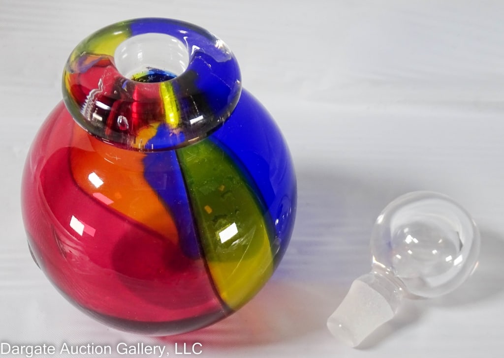 TIFFANY & CO ARCHIMEDE SEGUSO MURANO PERFUME: Murano glass perfume battle by Archimede Seguso for Tiffany & Co. In original Tiffany & Co gift box with Tiffany sticker on the side and Murano sticker on the base. Glass has an etched signature in th