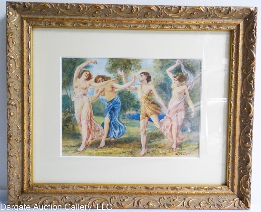 WILLIAM EDWARD FROST WATERCOLOR APOLLO & NYMPHS: William Edward Frost (English, 1810-1877) Watercolor gouache & pencil on paper, Circa Mid-19th Century depiction of Apollo and 3 nymphs, signed lower right [WE FROST] / set under glass in gilt gesso f