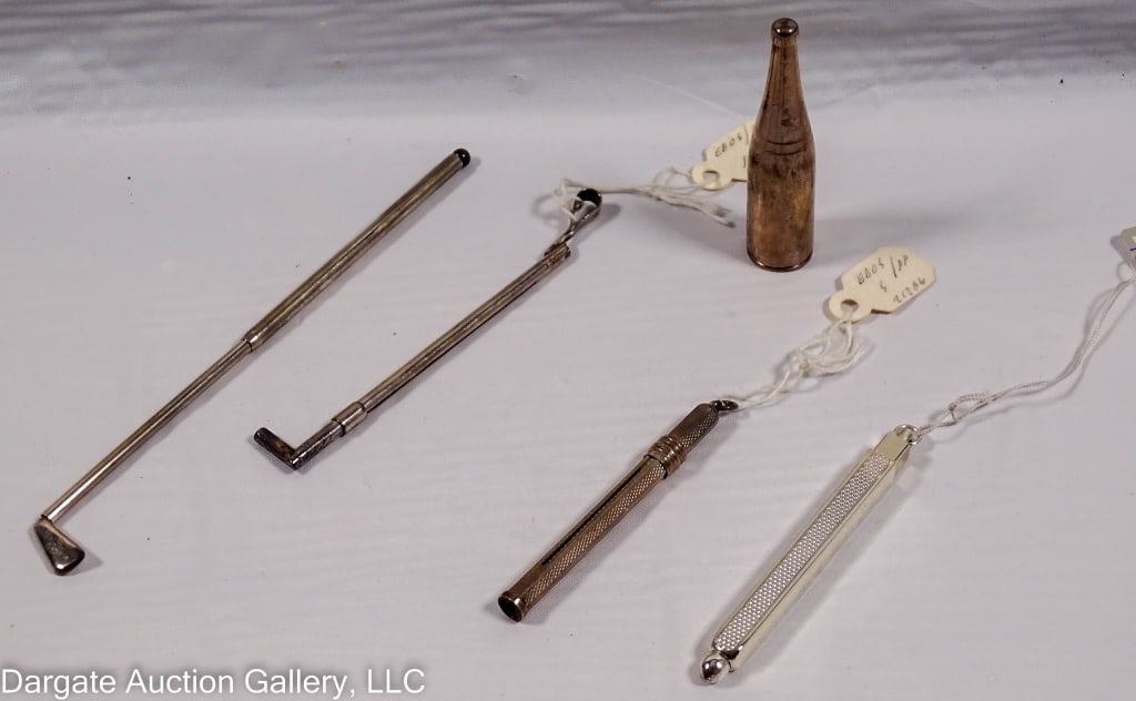 5 STERLING SILVER SWIZZLE STICKS: (1) 4.5" golf club / (1) 2.75" cane / (2) 2" & 2.5" / (1) champagne bottle 2"/ ONLINE PAY MSG ****SEE TERMS AND CONDITIONS FOR SPECIAL PAYMENT REQUIREMENTS****