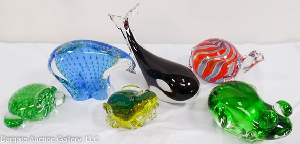 6 MURANO ART GLASS FIGURINES, FROGS, WHALE, BEAR