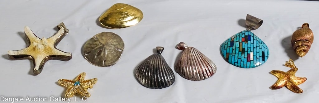 9 ASSORTED SHELL SEALIFE PENDANTS INCL STERLING: Includes: Natural Starfish set in Sterling Silver frame [925] / Veronese Conch Shell Gold Wash Sterling Silver [V 925 ITALY] / Sterling seashell [925 MILOR ITALY] / Gold tone shell [M & D S/S] / Seash