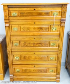 EASTLAKE WALNUT CHEST OF DRAWERS WITH BURLED WOOD