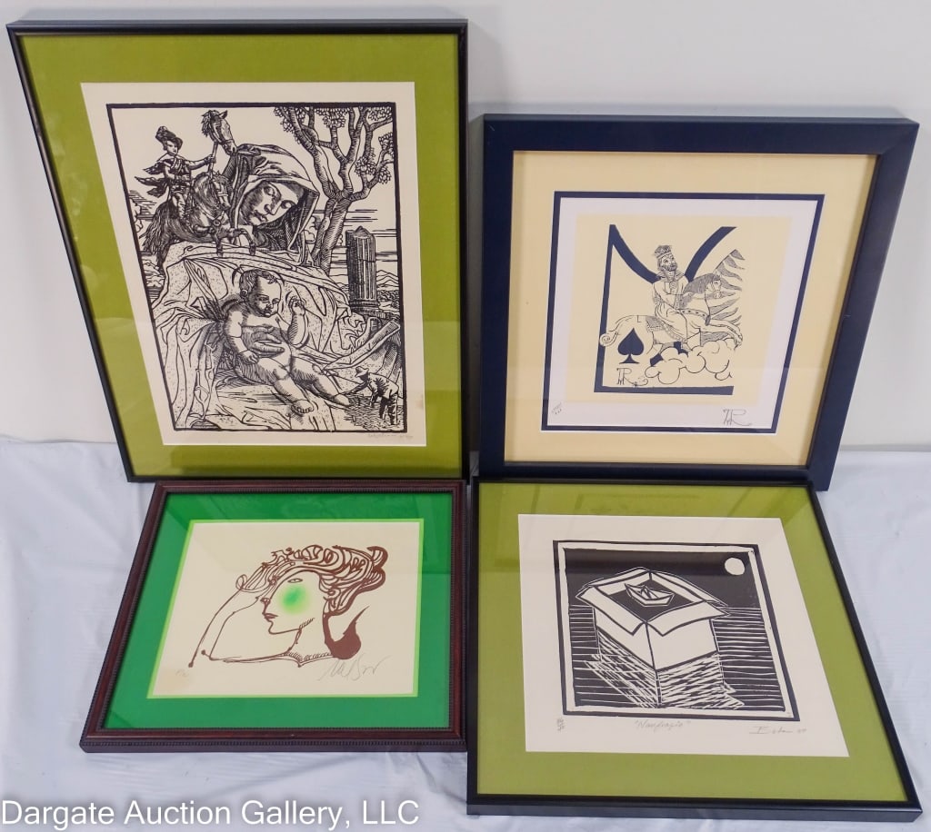 4 CUBAN SERIGRAPHS INCL ISMEL ALVAREZ GARCIA: Includes: (1) Ismel Alvarez Gomez (BOTA) (Cuba, 20th Century), "Naufragio" (Shipwrech) / (1) Virgin Mary - artist signature illegible / (1) Bust of a woman - artist signature illegible / (1) Playing c