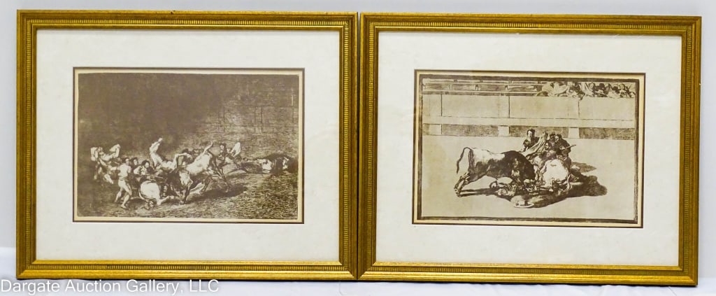 2 LA TAUROMACHIA REPRINTS AFTER FRANCISCO GOYA: Modern prints after Francisco de Goya's (Spanish, 1746-1828) original La Tauromachia (Bullfighting) series / includes: Dos Grupas de Picadores Arrollades de segunda por un solo toro & Caida de un pica