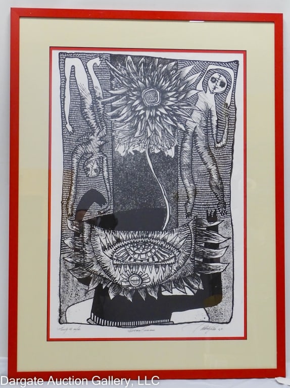 CUBAN ABSTRACT WOODBLOCK: Abstract woodblock of a flower / signed and titled at the bottom, illegible / Set under glass in modern red frame / Visible Art Size: 29"H x 19.5"W / Frame Size: 37.5"H x 28"W