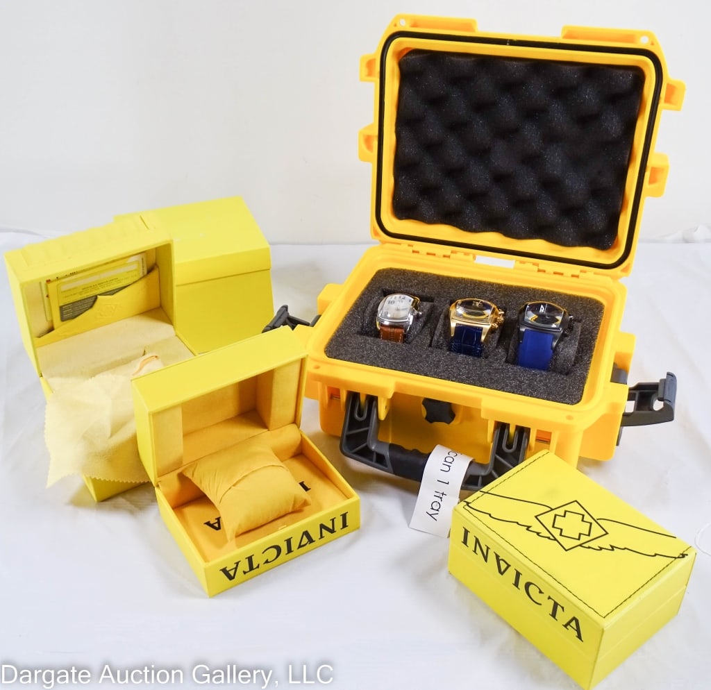 3 INVICTA LUPAH WATCHES IN PELICAN CASE: Includes: No 6729 / 46.8mm / Stainless Steel / Quartz Chronograph / 100m water resistant // No 2512 / 43mm / Stainless Steel / Quartz / 100m water resistant // No 6741 / 46.8mm / Stainless Steel / Qua