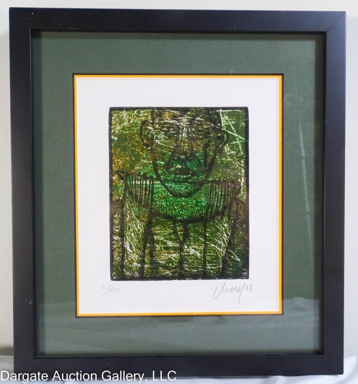 EDUARDO ROCA SALAZAR (CHOCO) 1998 SERIGRAPH: Eduardo Roca (Choco) Salazar (Cuba, b. 1949) 1998 Abstract serigraph of a man on a green background / Written in pencil below serigraph: lower left [35/50] lower right [CHOCO 98] / Set under glass in 