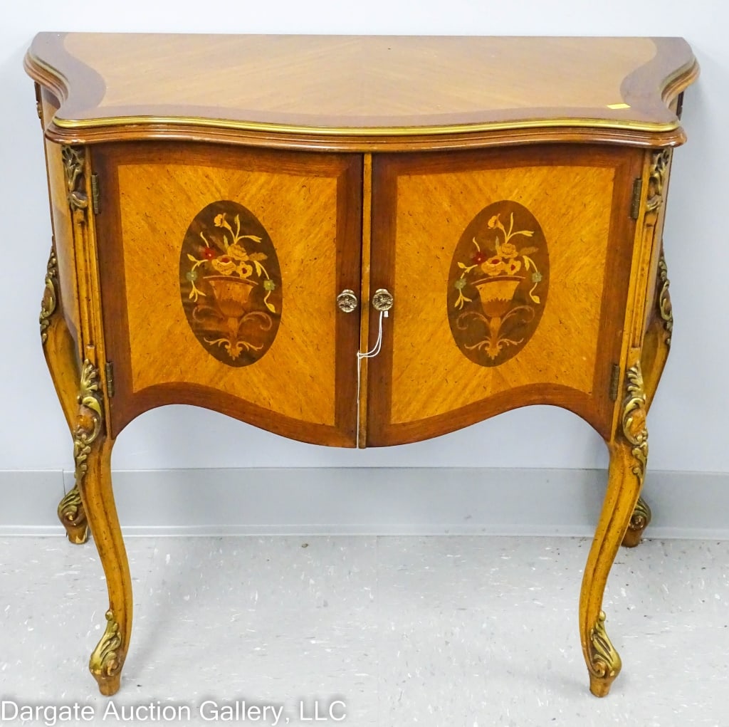 MODERN INLAID LOUIS 15th SIDE CABINET: Small size modern Louis XV side cabinet - Serpentine floral urn inlay, cabriole legs with gold trimmed carving, serpentine doors have inlaid panels with floral urns, bookmatch veneer and gold trim / M