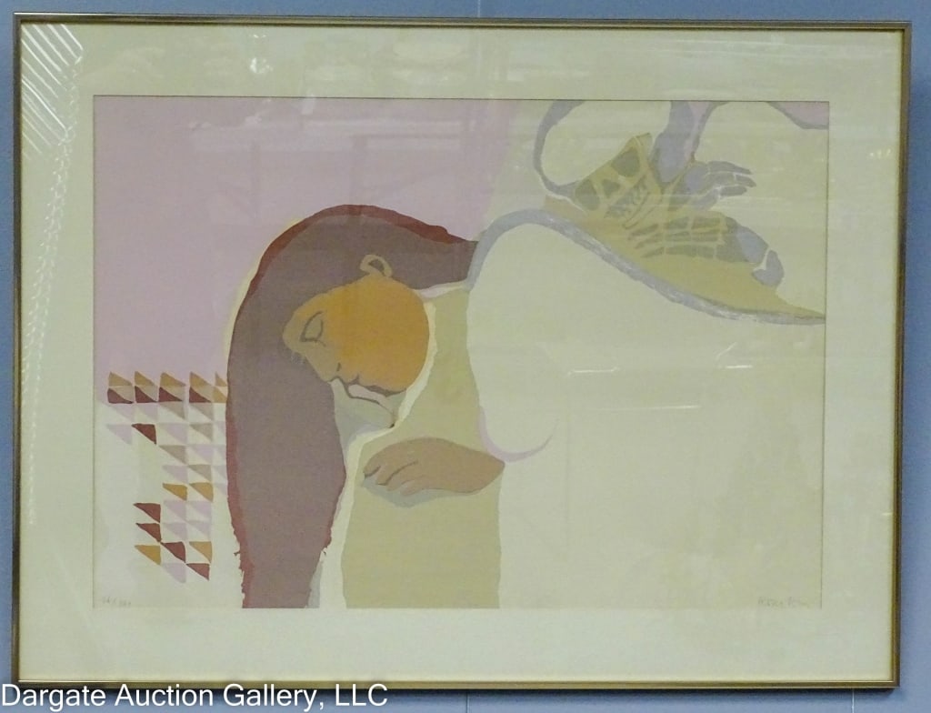 ROSER BRU LITHOGRAPH SLEEPING WOMAN: Roser Bru (Chile/Spain, 1923-2021) Lithograph of a sleeping woman / in pencil below litho: lower left [46/100] lower right signed / set under glass in modern metal rose gold frame / Visible Art Size: 
