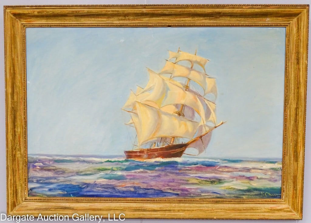 OIL ON CANVAS SAILING SHIP NAUTICAL SCENE: Oil on canvas, sailing ship on calm seas on a cloudless day / Signed [K CHASE] in the lower right, set in painted wood frame / Visible Art Size: 23.5"H x 35.5"W / Frame Size: 29.5"H x 41.5"W / Conditi
