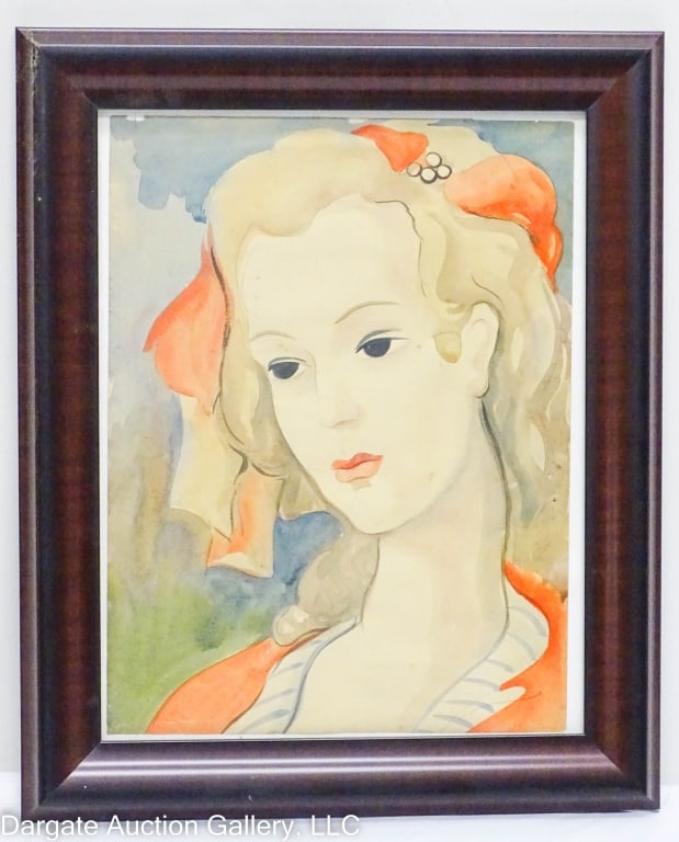 WATERCOLOR PORTRAIT OF A WOMAN ATTB LAWRENSON: Attributed to Charlotte Mary Rose Lawrenson (Irish/British, 1883-1965) Portrait of a young woman done in watercolors; not signed; set under glass in faux wood frame / Visible Art Size: 13"H x 10"W / F