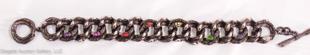 STEPHEN DWECK DIAMOND & GEMSTONE TWIG BRACELET: Stephen Dweck Diamonds oxidized Sterling Silver twig bracelet with diamonds, sapphires, topaz and other gemstones. Each link resembles a twisted twig. Marked DWECK DIAMONDS 925 CHINA / Weight: 65.12g