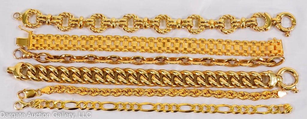 6 ASST VERONESE STERLING VERMEIL BRACELETS: Sterling Silver Vermeil bracelets by Veronese / All marked 925 ITALY [V] / Weight: 139.37g / Measurements: 8" - 8.5"L / Provenance: From the descendants of Lollie Oliver, Pittsburgh, PA/ ONLINE PAY MS