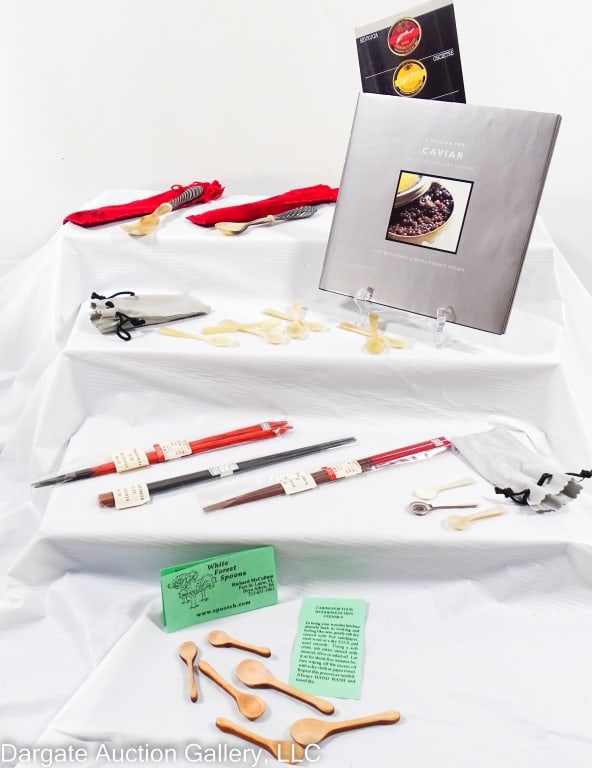 22pc HORN CAVIAR SERVICE ITEMS: Book: A passion for Caviar by Susie Beckmann & Natalie Rebeiz-Nielson / (3) pairs chopsticks / (2) Sterling handle, horn spoons 7" & 5.5" / (6) wooden White Forest Caviar Spoons (2) 2", (2) 2.5" & (2)