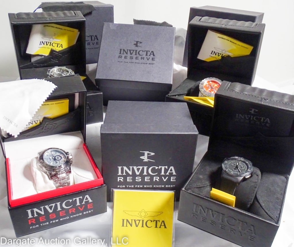 4 INVICTA RESERVE WATCHES WITH ORIGINAL BOX: Includes: Reserve Leviathan No 6657 / 52mm / Stainless Steel / Quartz / 200m Water Resistance // Reserve Akula II No 0625 / 53.8mm / Stainless Steel / Quartz / 100m water resistance // Reserve Sea Vul