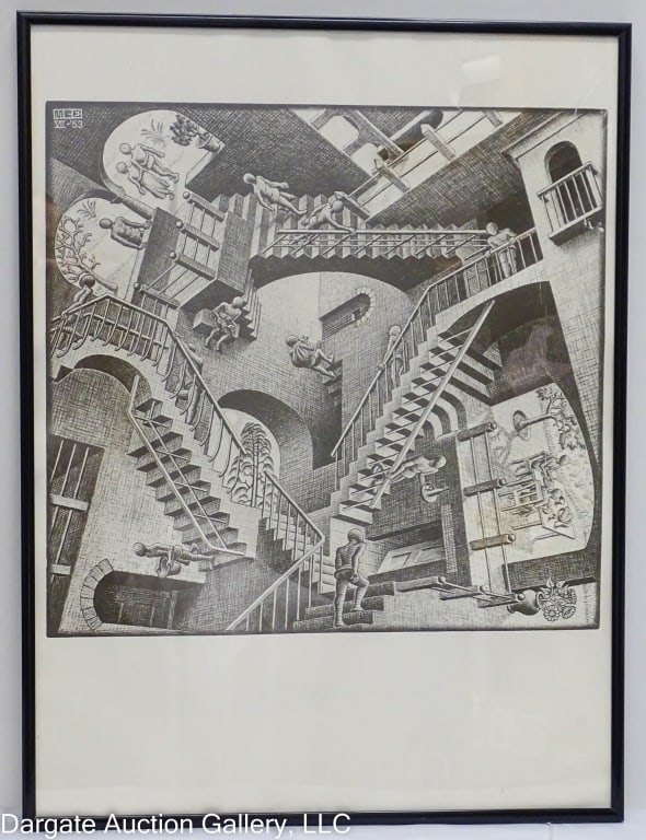 MC ESCHER 1953 RELATIVITY LITHOGRAPH: MC ESCHER 1953 RELATIVITY LITHOGRAPH Maurits Cornelis Escher (Dutch, 1898-1972) MCE VII - 1953 / set under glass in black metal frame / Visible Art Size: 15.75"H x 16.75"W / Frame Size: 24.25"H x 18.2