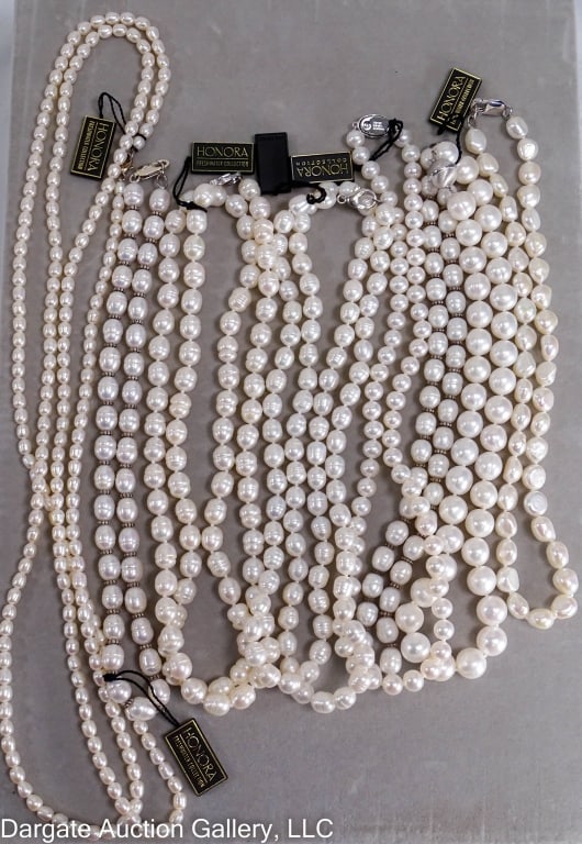 8 HONORA WHITE PEARL NECKLACES W/ STERLING CLASPS: Includes: (2) 17.5" 8mm pearls, with Sterling spacers between each pearl with a Sterling Silver lobster claw clasp / 17.5"L 11mm pearl necklace, with Sterling Silver ball closure / 17.5"L 9mm baroque 