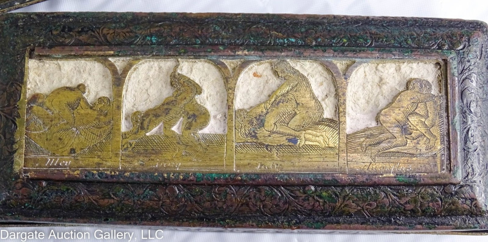 18th C DUTCH BRASS EROTIC SCENE TOBACCO BOX: Circa 1720-1740 Dutch brass tobacco or snuff box, with hidden erotic scenes. The top and bottom of the box have sliding panels that each reveal 4 erotic scenes. Inside under the lid, there are two doo