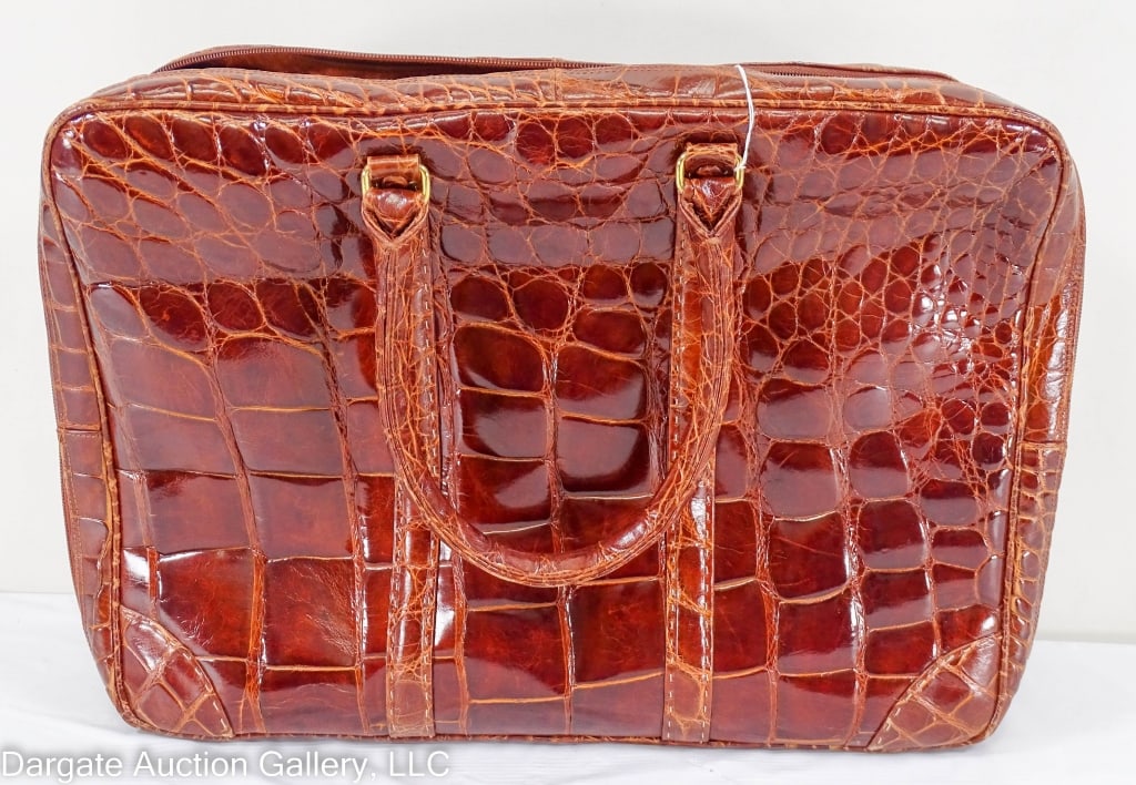 COLOBMO VIA DELLA SPIGA ALLIGATOR LEATHER BAG: Red/brown patent alligator leather bag by Colombo via Della Spiga Travel Bag / Measurements: 12"H x 17"W x 7"D
