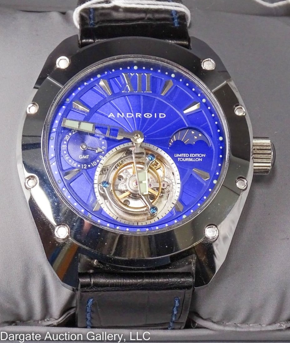 VIRTUOSO TUNGSETN TOURBILLON MANUAL LE AD501: Virtuoso Tungsten Tourbillon Limited Edition 088/500 Model No AD501 / Blue dial / 50mm / Tungsten / 19j Mechanical Manual with Android 3310 Tourbillon movement (runs) / Sapphire Crystal / 100m water r