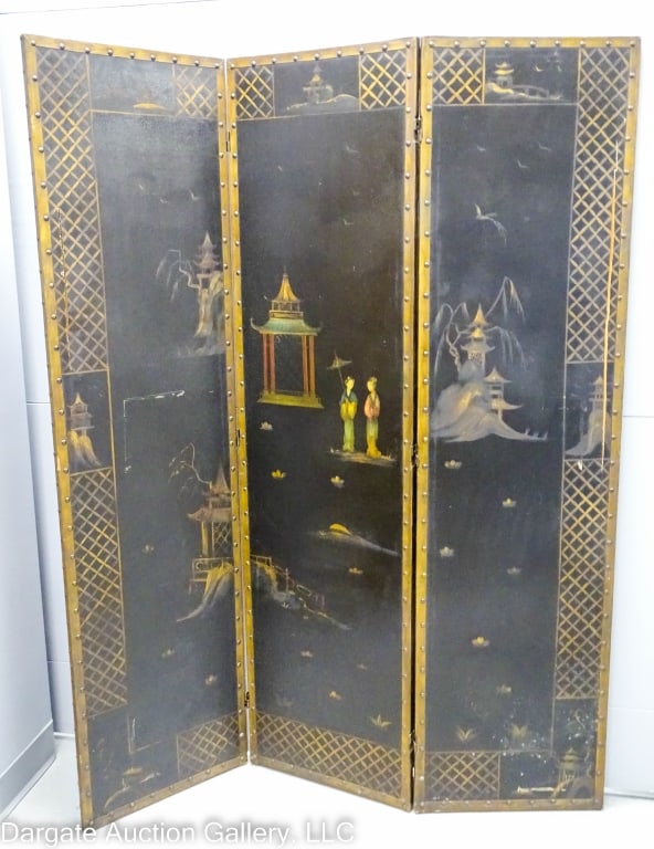 FOLDING FRAME OILCLOTH CHINOISERIE ROOM DIVIDER: A three-section folding room divider with Chinoiserie decorations. Brass tack trim around the edges. Back is solid black oilcloth of thin canvas-type fabric. 3 sections, each measuring 68"Hx17.5"Wx.75